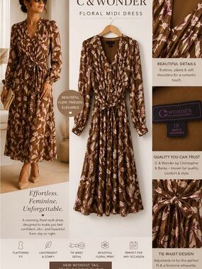 C. Wonder Brown Floral Midi Dress with Pink Accents
